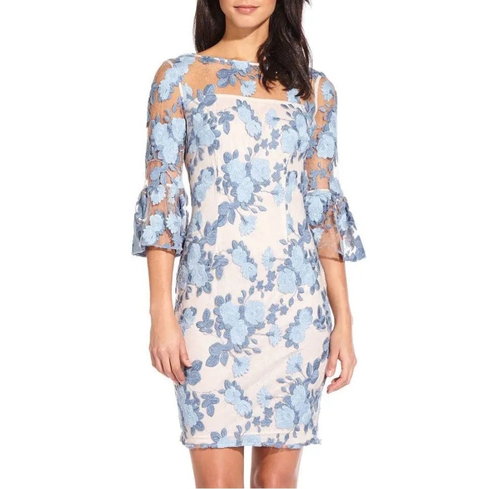 Adrianna Papell Embroidered Overlay Bell Sleeve Dress Women 6 Sheath Wedding